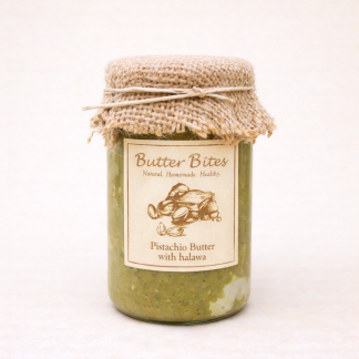 Pistachio butter with halawa in glass jar – artisanal spread by Butter Bites